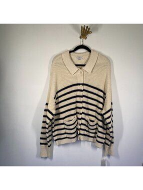 Ophelia Roe Womens Striped Knit Cardigan Sweater 3X Beige & Navy With Pockets